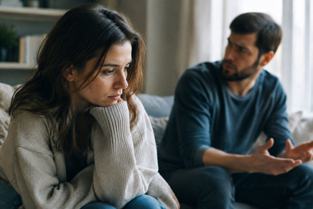 Donna confusa ascolta il partner mentre riflette su come rispondere al gaslighting