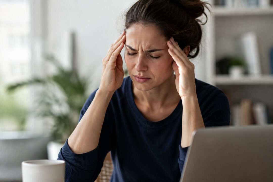 Persona alla scrivania si massaggia le tempie per un mal di testa da stress