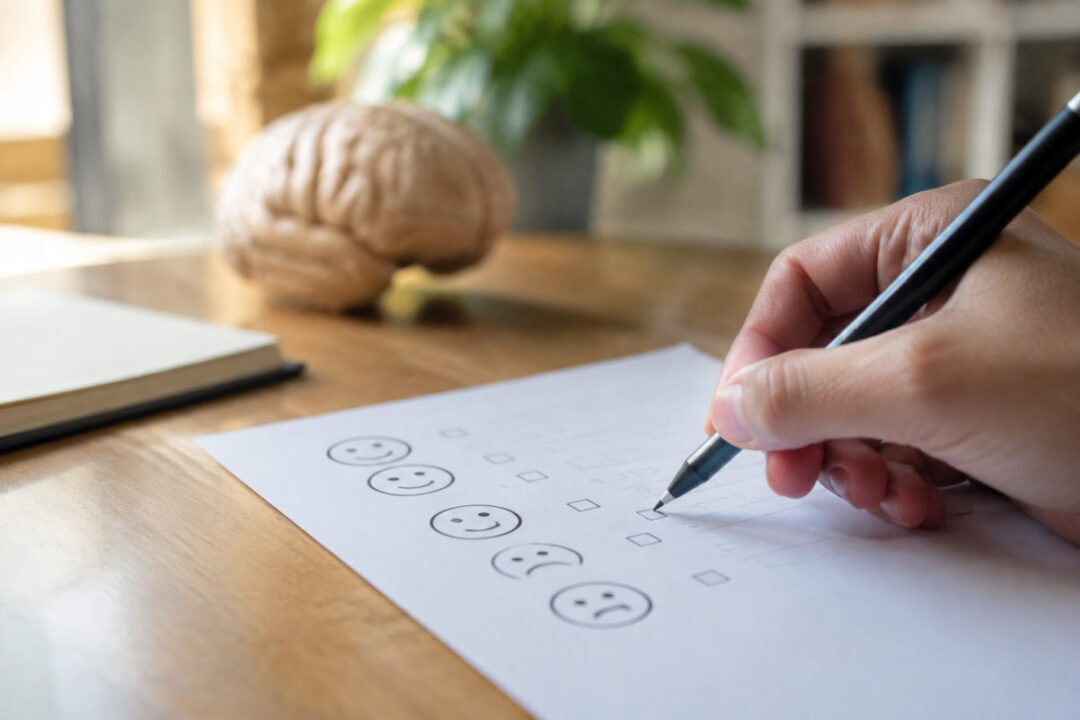 Fogli di test psicologici personalità come MMPI e Big Five su una scrivania